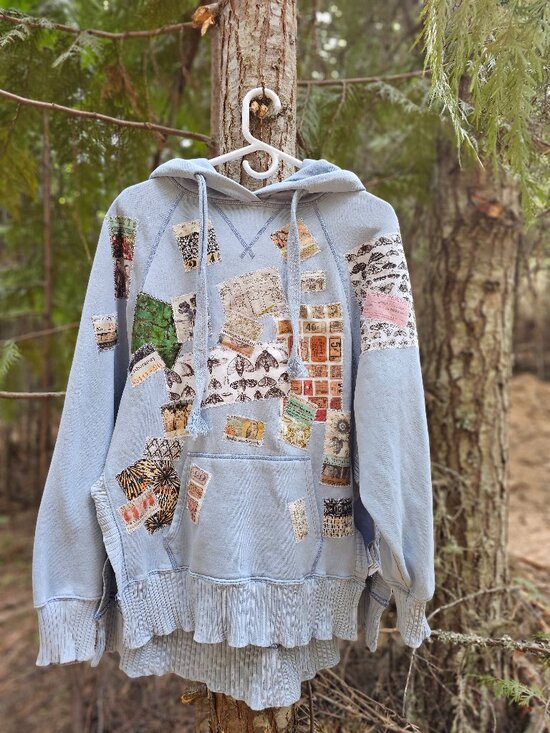 American Eagle Outfitters Tops - Vintage American Eagle Outfitters Light Blue Patchwork Graphic Hoodie